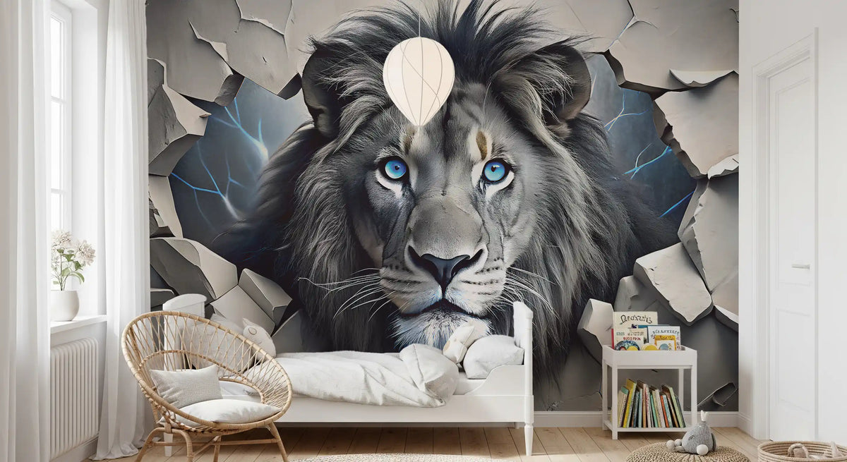Fierce Lion Through Broken Concrete Wall Mural