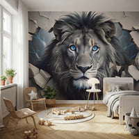 Fierce Lion Through Broken Concrete Wall Mural