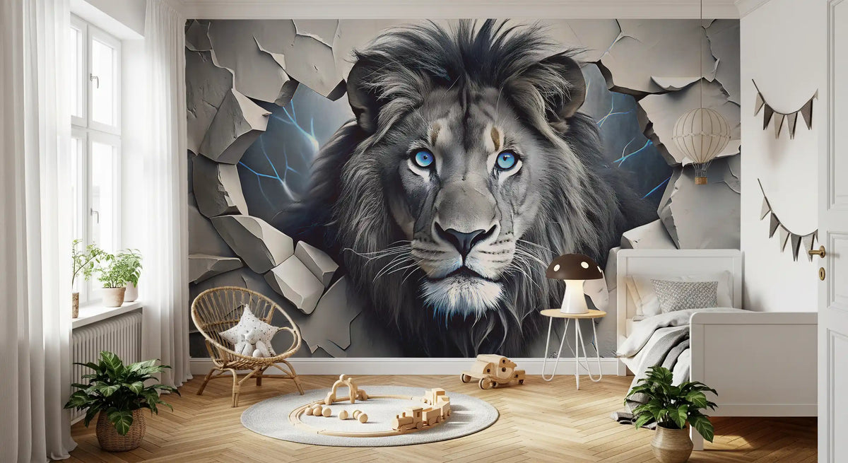Fierce Lion Through Broken Concrete Wall Mural