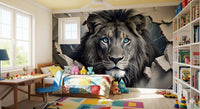 Fierce Lion Through Broken Concrete Wall Mural