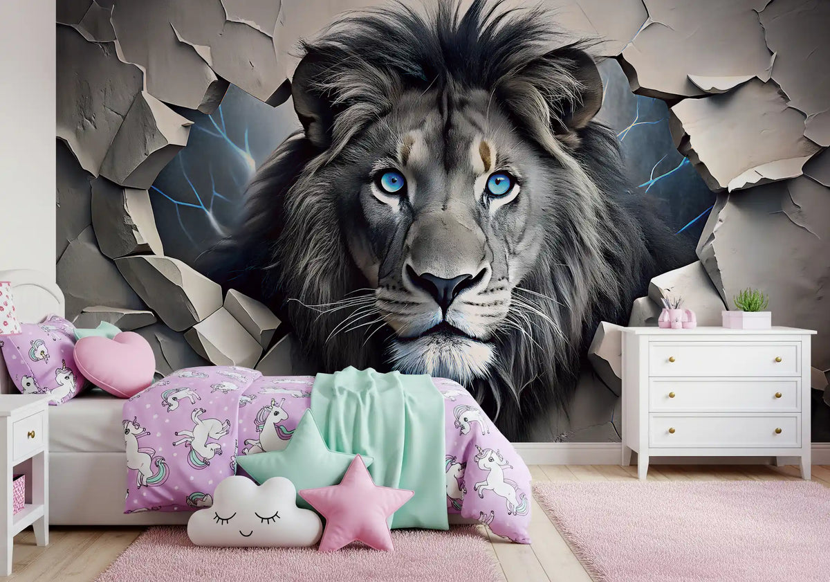 Fierce Lion Through Broken Concrete Wall Mural