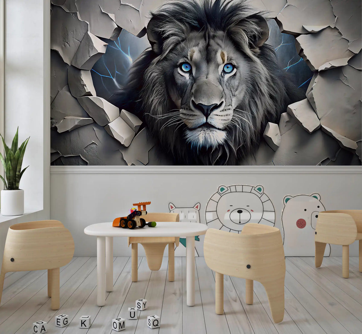 Fierce Lion Through Broken Concrete Wall Mural