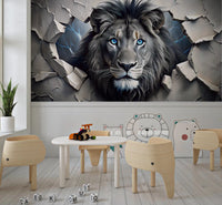 Fierce Lion Through Broken Concrete Wall Mural