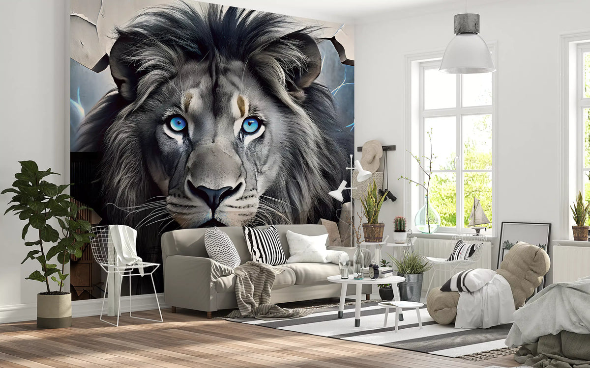 Fierce Lion Through Broken Concrete Wall Mural