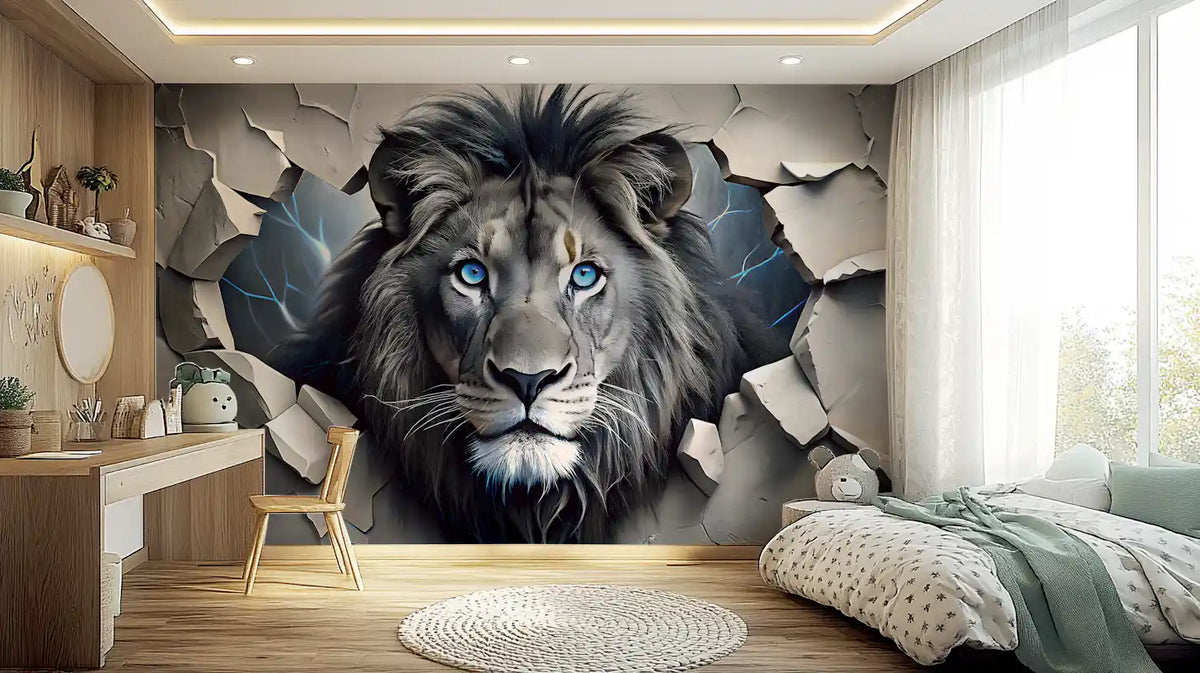 Fierce Lion Through Broken Concrete Wall Mural