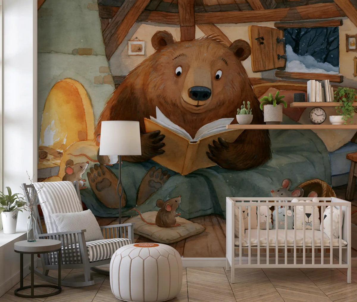 Woodland Friends Bear Fireside Story With Mice In A Winter Cabin Scene Wall Mural