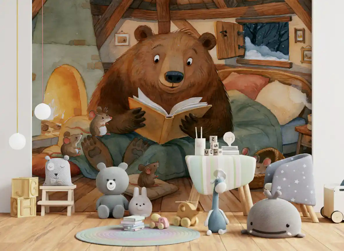 Woodland Friends Bear Fireside Story With Mice In A Winter Cabin Scene Wall Mural