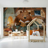 Woodland Friends Bear Fireside Story With Mice In A Winter Cabin Scene Wall Mural