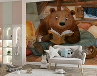 Woodland Friends Bear Fireside Story With Mice In A Winter Cabin Scene Wall Mural