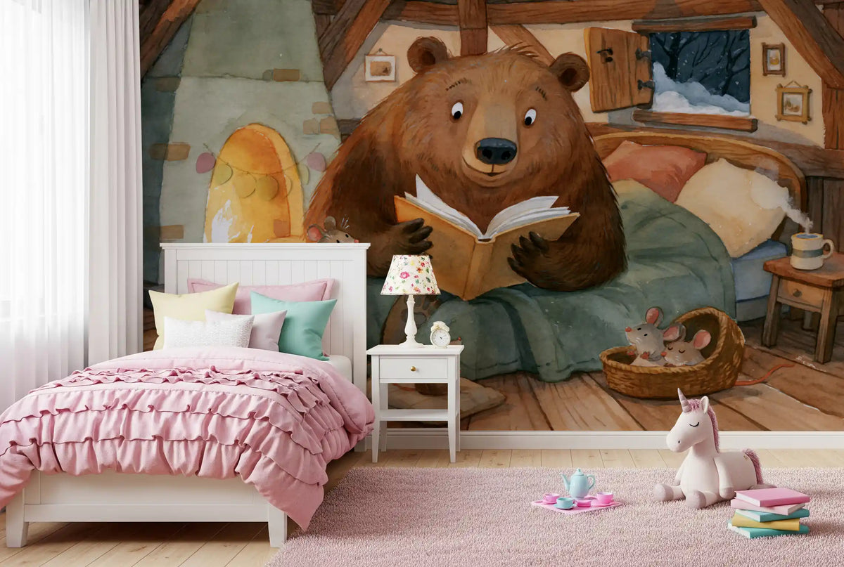 Woodland Friends Bear Fireside Story With Mice In A Winter Cabin Scene Wall Mural
