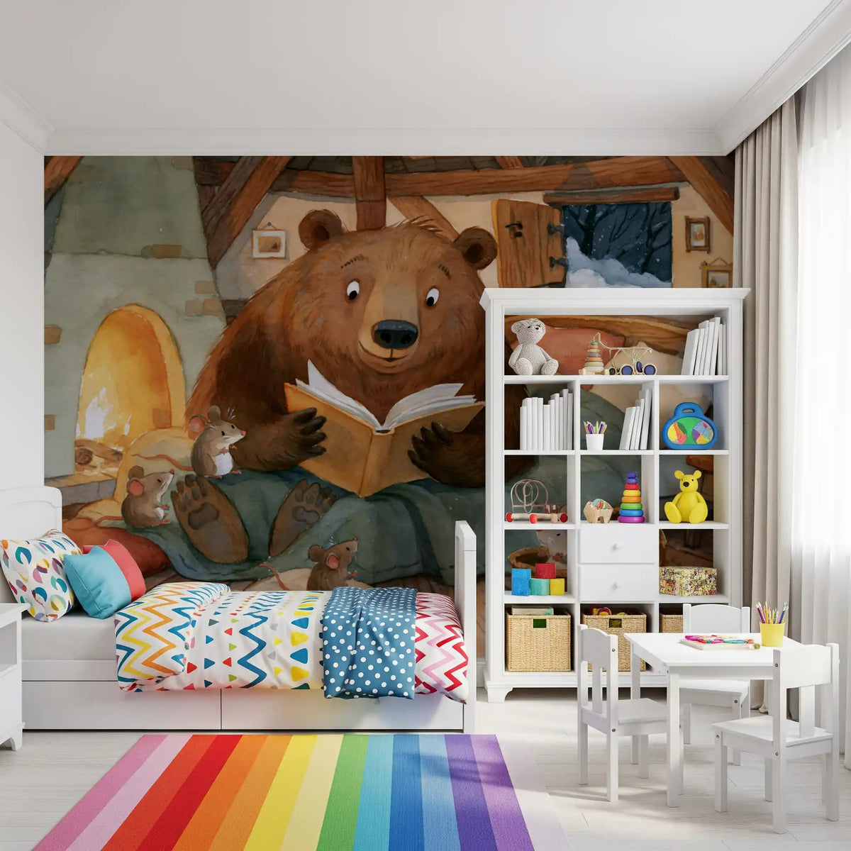 Woodland Friends Bear Fireside Story With Mice In A Winter Cabin Scene Wall Mural