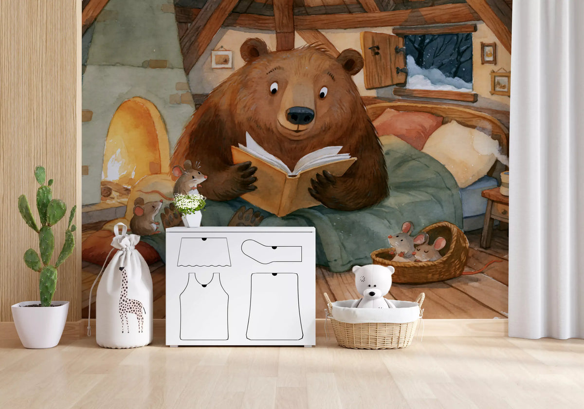 Woodland Friends Bear Fireside Story With Mice In A Winter Cabin Scene Wall Mural