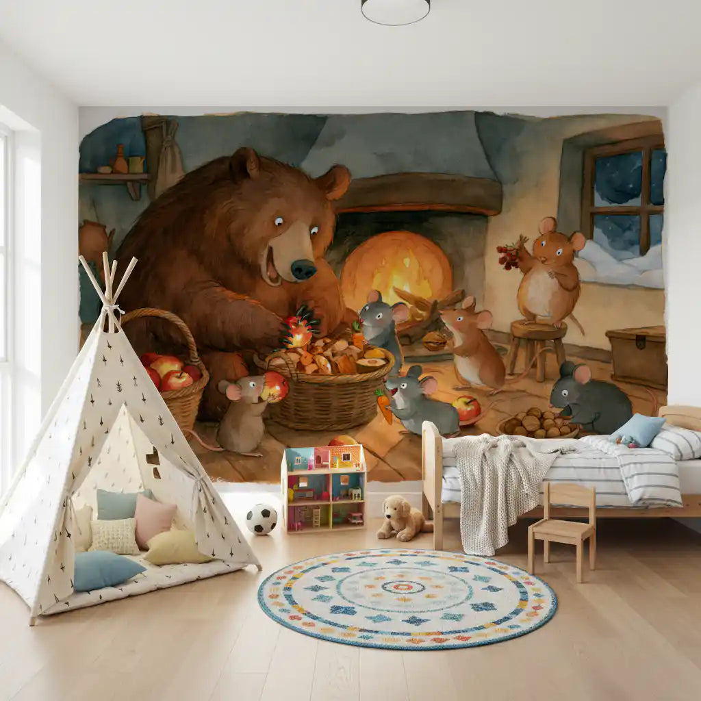 Woodland Friends Bear With Mice In Cozy Cottage Pantry Adventure Scene Wall Mural