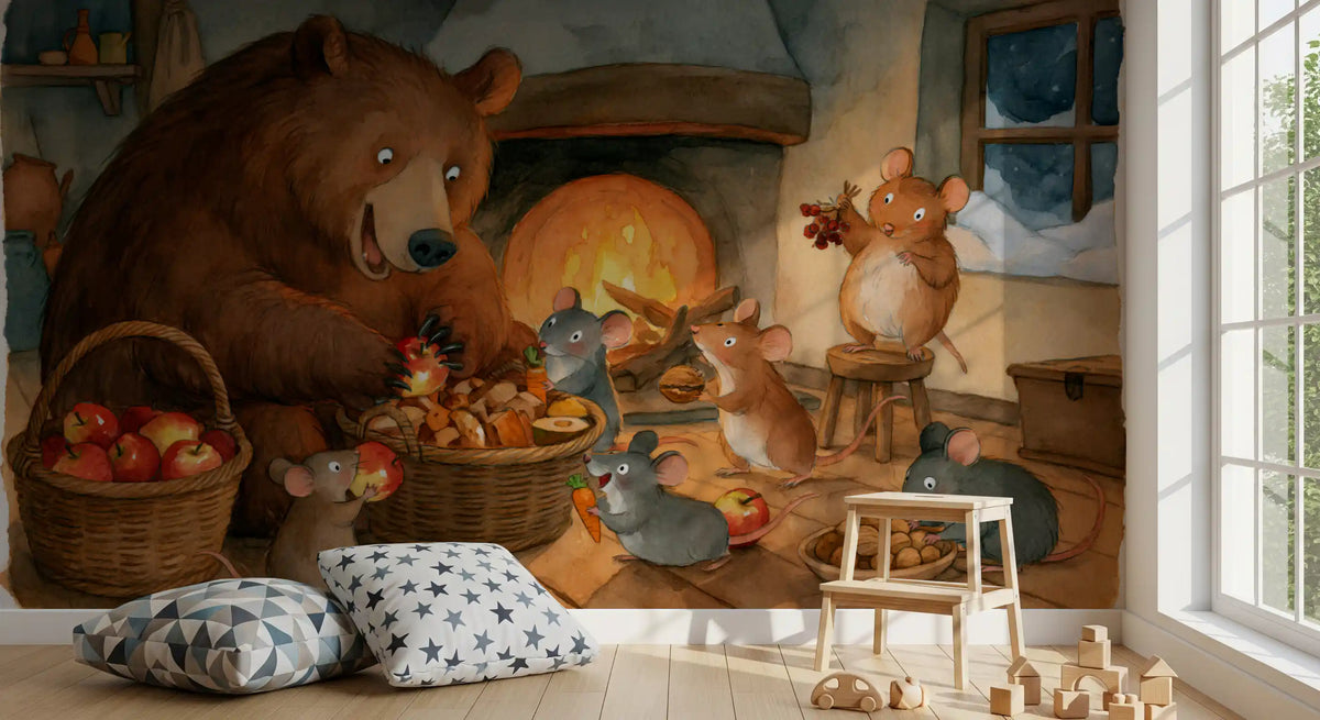 Woodland Friends Bear With Mice In Cozy Cottage Pantry Adventure Scene Wall Mural