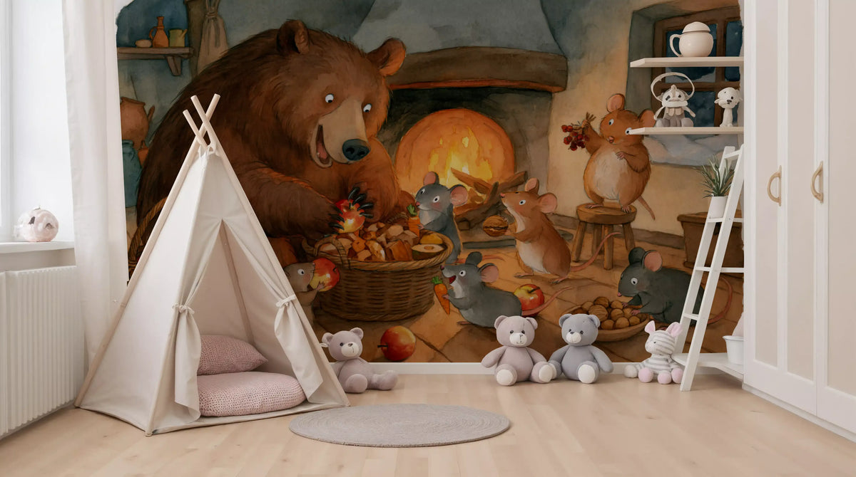 Woodland Friends Bear With Mice In Cozy Cottage Pantry Adventure Scene Wall Mural