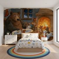 Woodland Friends Bear Bath Time With Mice In A Cozy Winter Cabin Scene Wall Mural