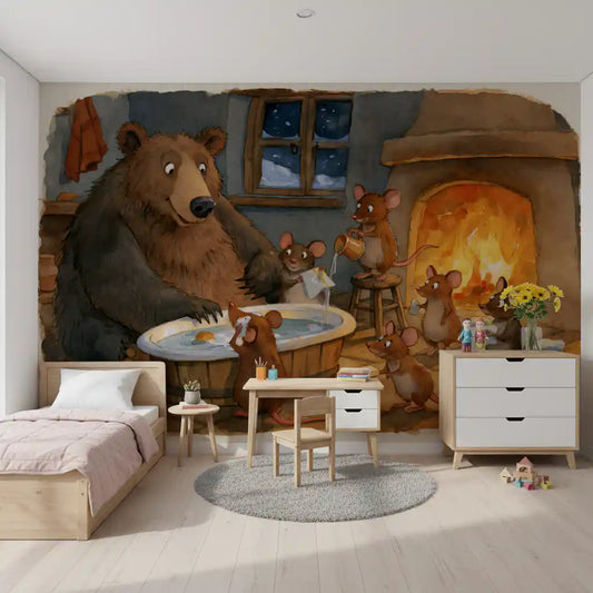 Woodland Friends Bear Bath Time With Mice In A Cozy Winter Cabin Scene Wall Mural