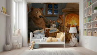 Woodland Friends Bear Bath Time With Mice In A Cozy Winter Cabin Scene Wall Mural