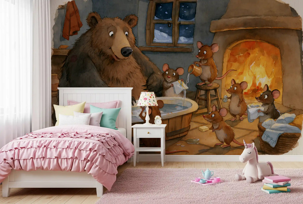 Woodland Friends Bear Bath Time With Mice In A Cozy Winter Cabin Scene Wall Mural