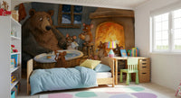 Woodland Friends Bear Bath Time With Mice In A Cozy Winter Cabin Scene Wall Mural