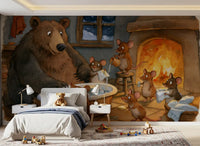 Woodland Friends Bear Bath Time With Mice In A Cozy Winter Cabin Scene Wall Mural