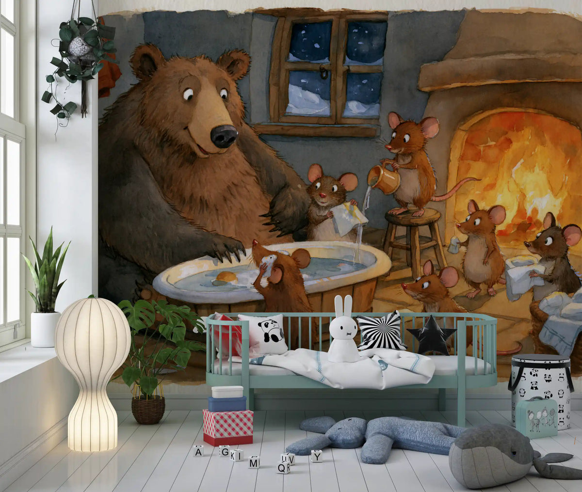 Woodland Friends Bear Bath Time With Mice In A Cozy Winter Cabin Scene Wall Mural