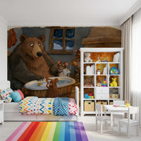 Woodland Friends Bear Bath Time With Mice In A Cozy Winter Cabin Scene Wall Mural
