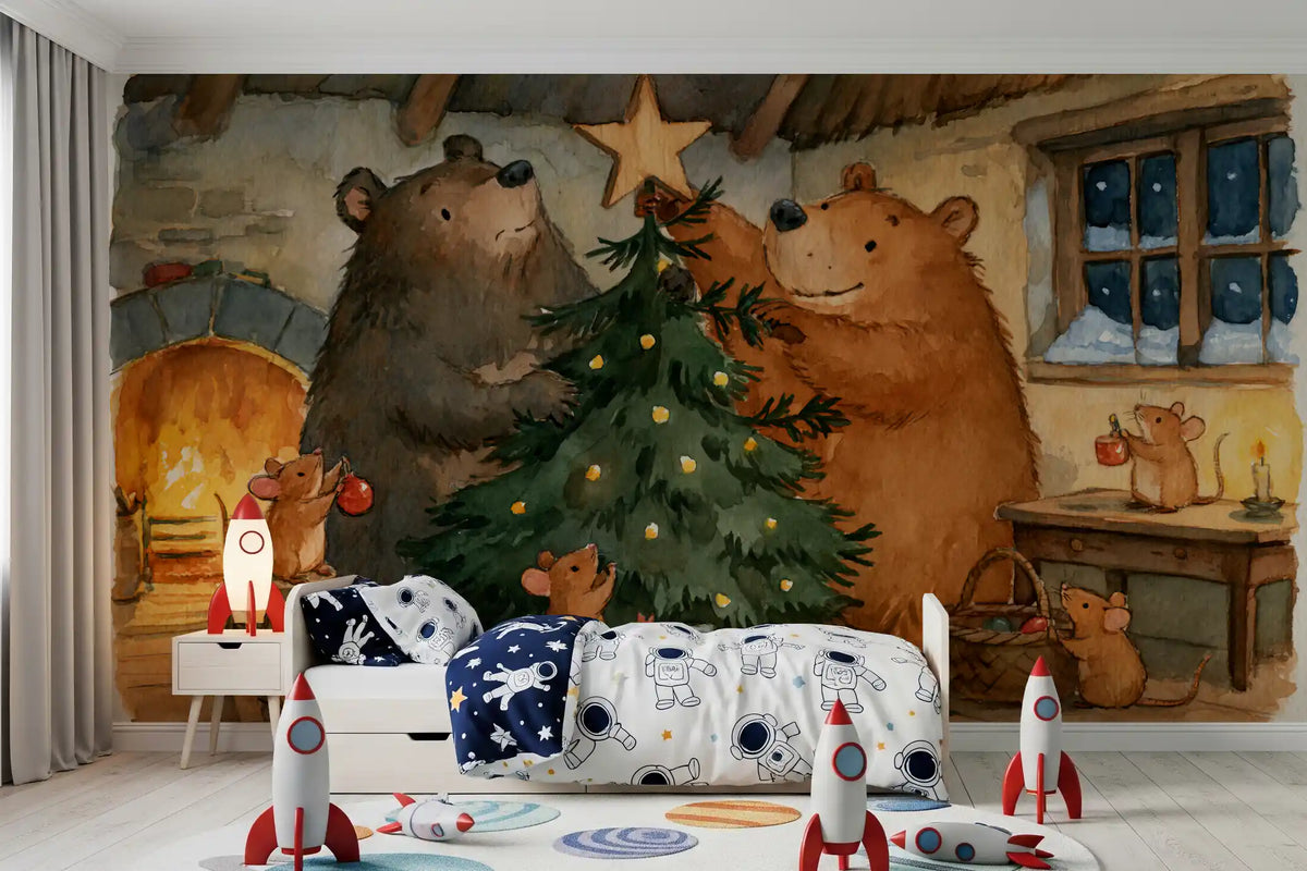 Woodland Friends Bears Decorate A Christmas Tree With Little Mice Tale Wall Mural