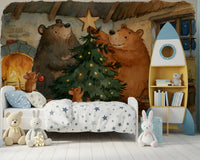 Woodland Friends Bears Decorate A Christmas Tree With Little Mice Tale Wall Mural
