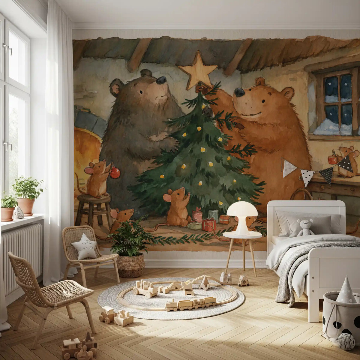 Woodland Friends Bears Decorate A Christmas Tree With Little Mice Tale Wall Mural