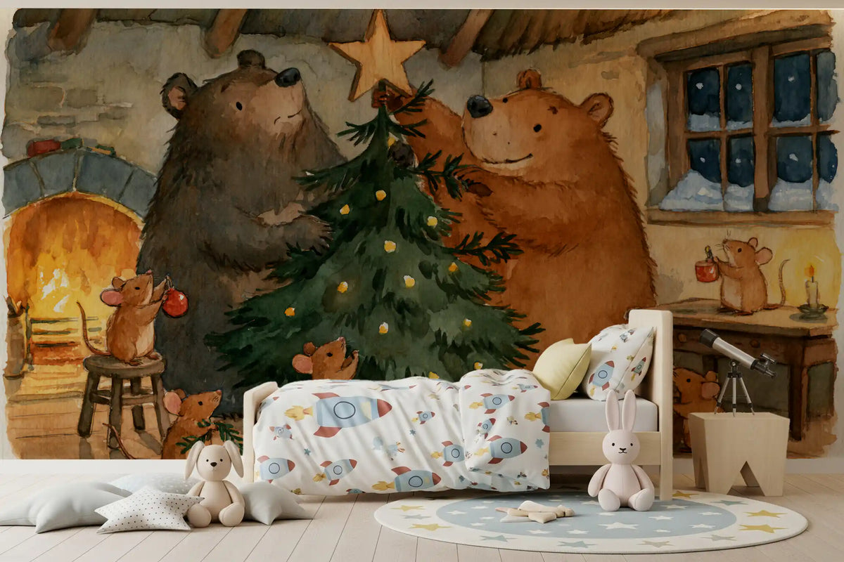 Woodland Friends Bears Decorate A Christmas Tree With Little Mice Tale Wall Mural