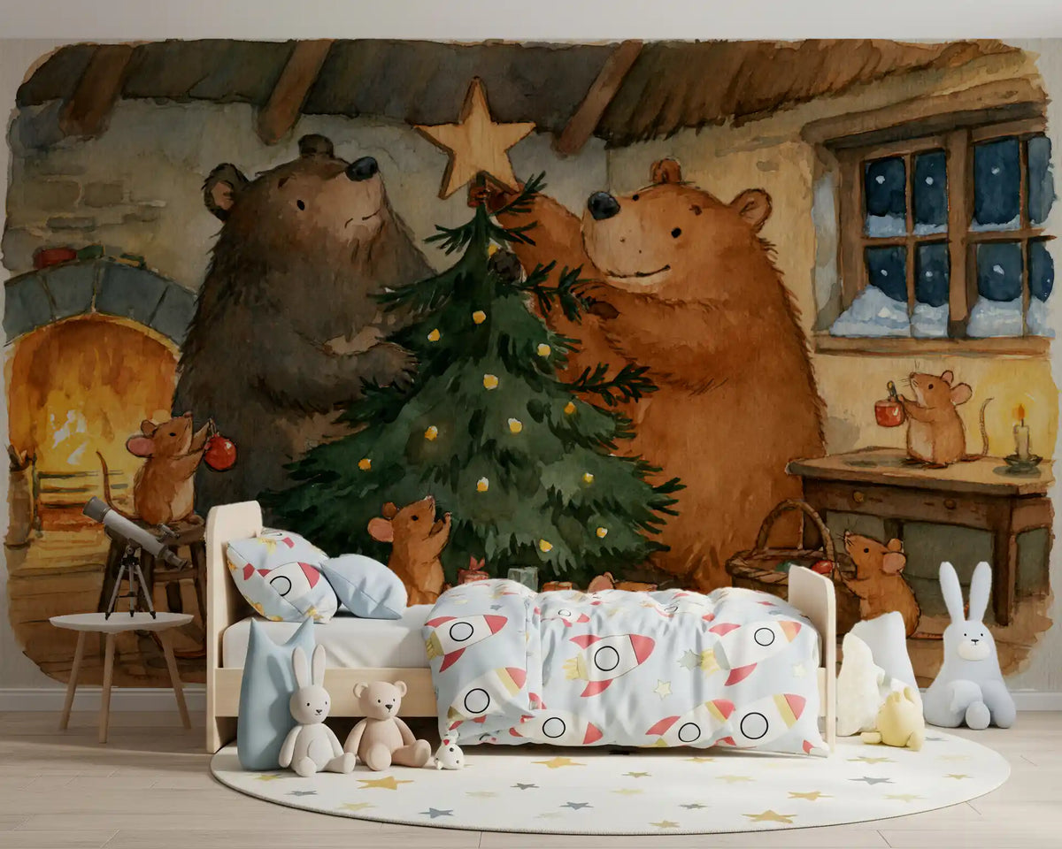 Woodland Friends Bears Decorate A Christmas Tree With Little Mice Tale Wall Mural