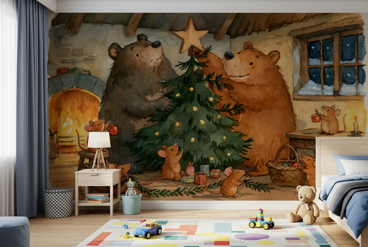 Woodland Friends Bears Decorate A Christmas Tree With Little Mice Tale Wall Mural