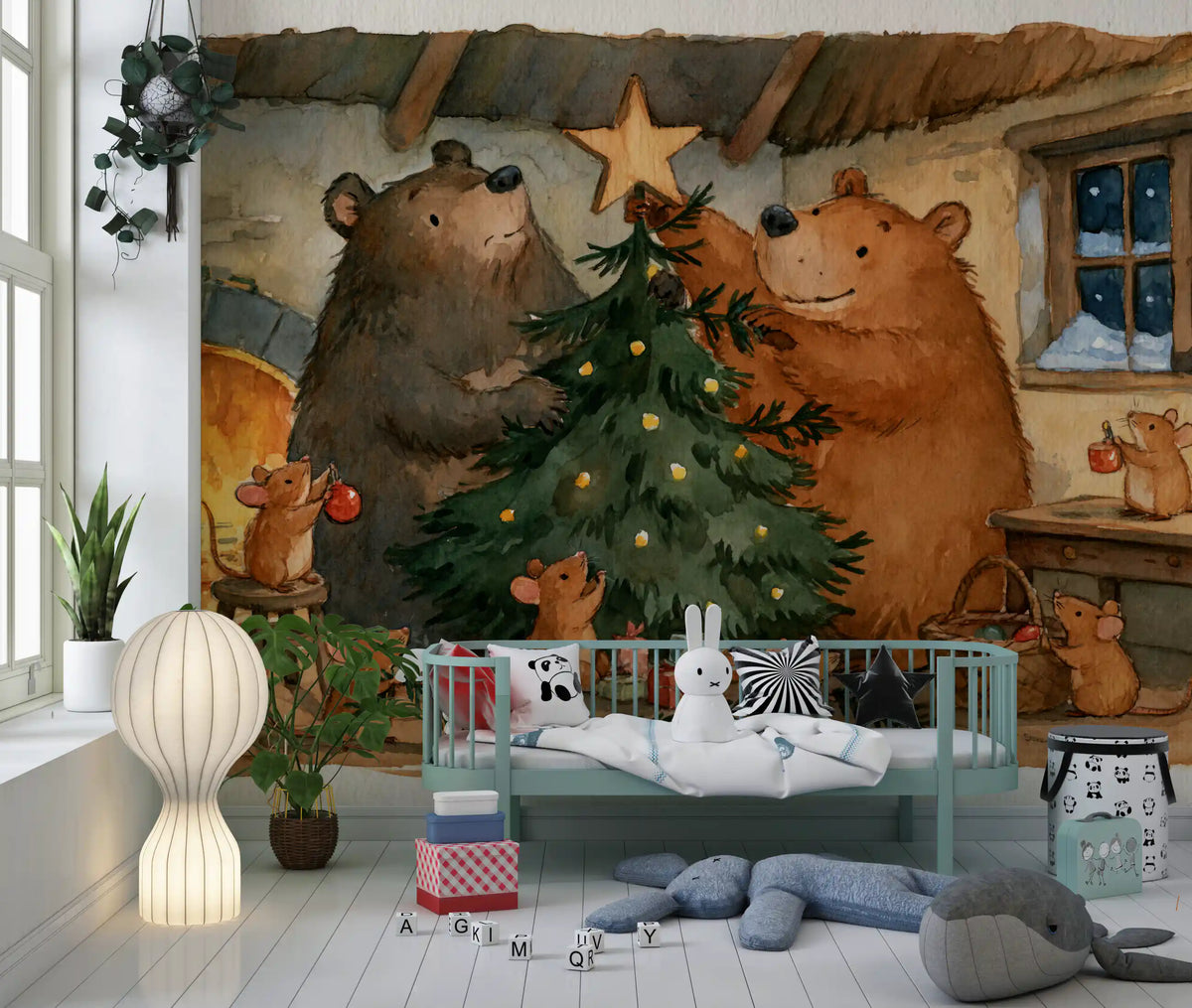 Woodland Friends Bears Decorate A Christmas Tree With Little Mice Tale Wall Mural