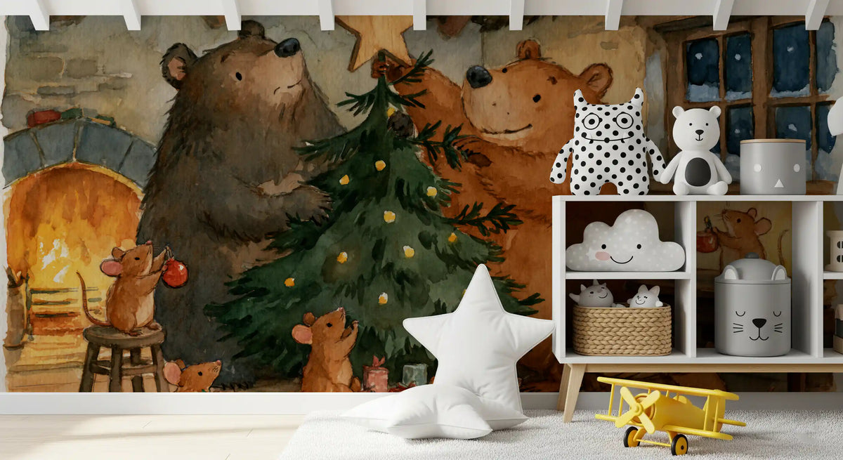 Woodland Friends Bears Decorate A Christmas Tree With Little Mice Tale Wall Mural