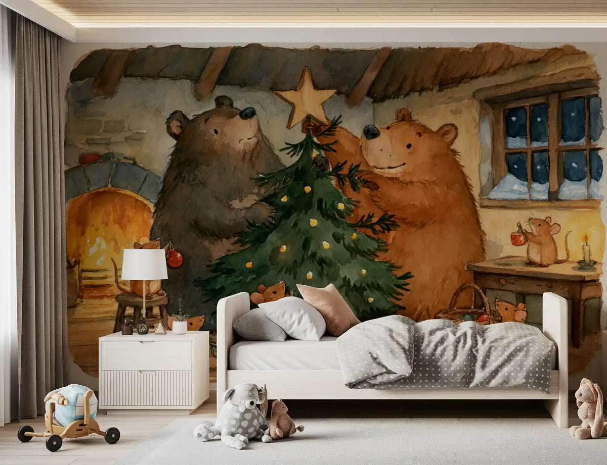 Woodland Friends Bears Decorate A Christmas Tree With Little Mice Tale Wall Mural
