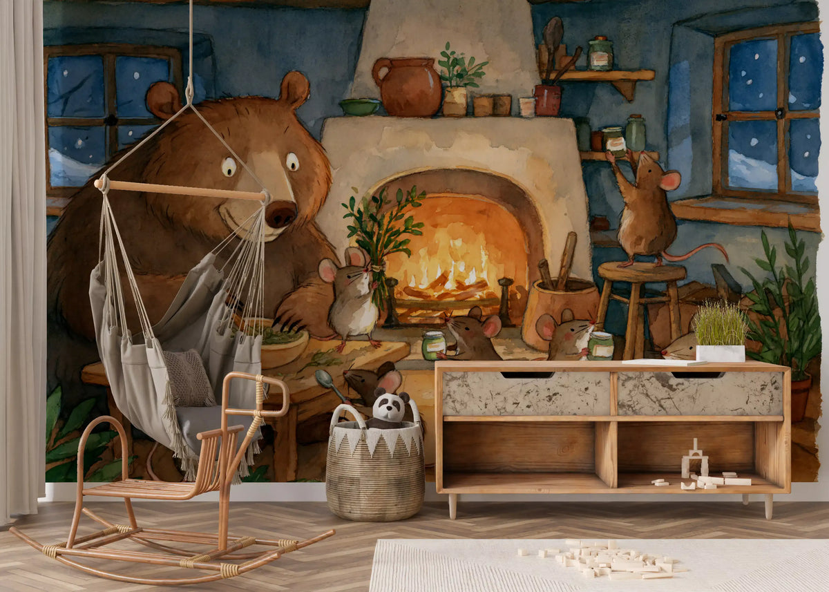 Woodland Friends Bear And Mice In Cozy Cottage Kitchen Story Scene Wall Mural