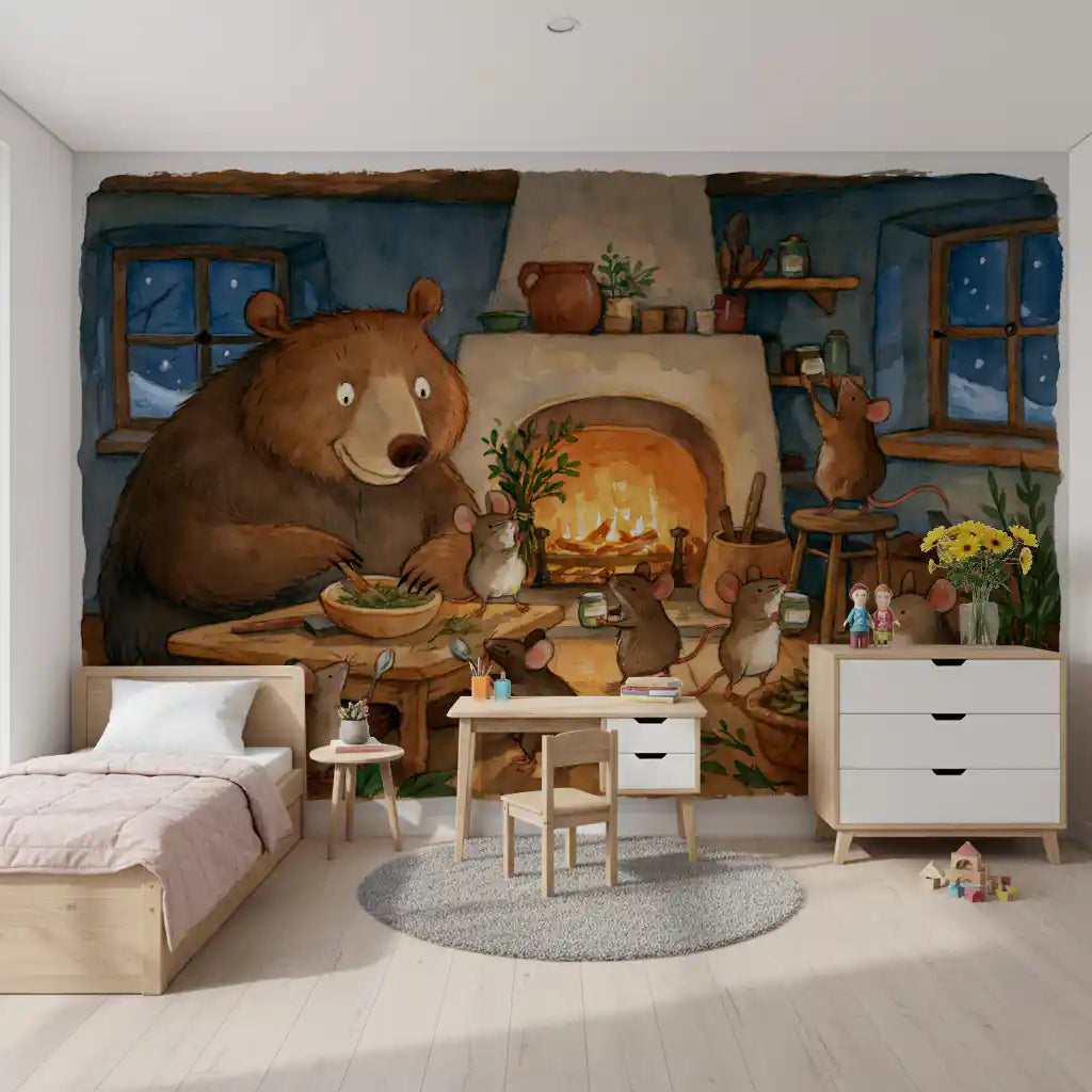 Woodland Friends Bear And Mice In Cozy Cottage Kitchen Story Scene Wall Mural