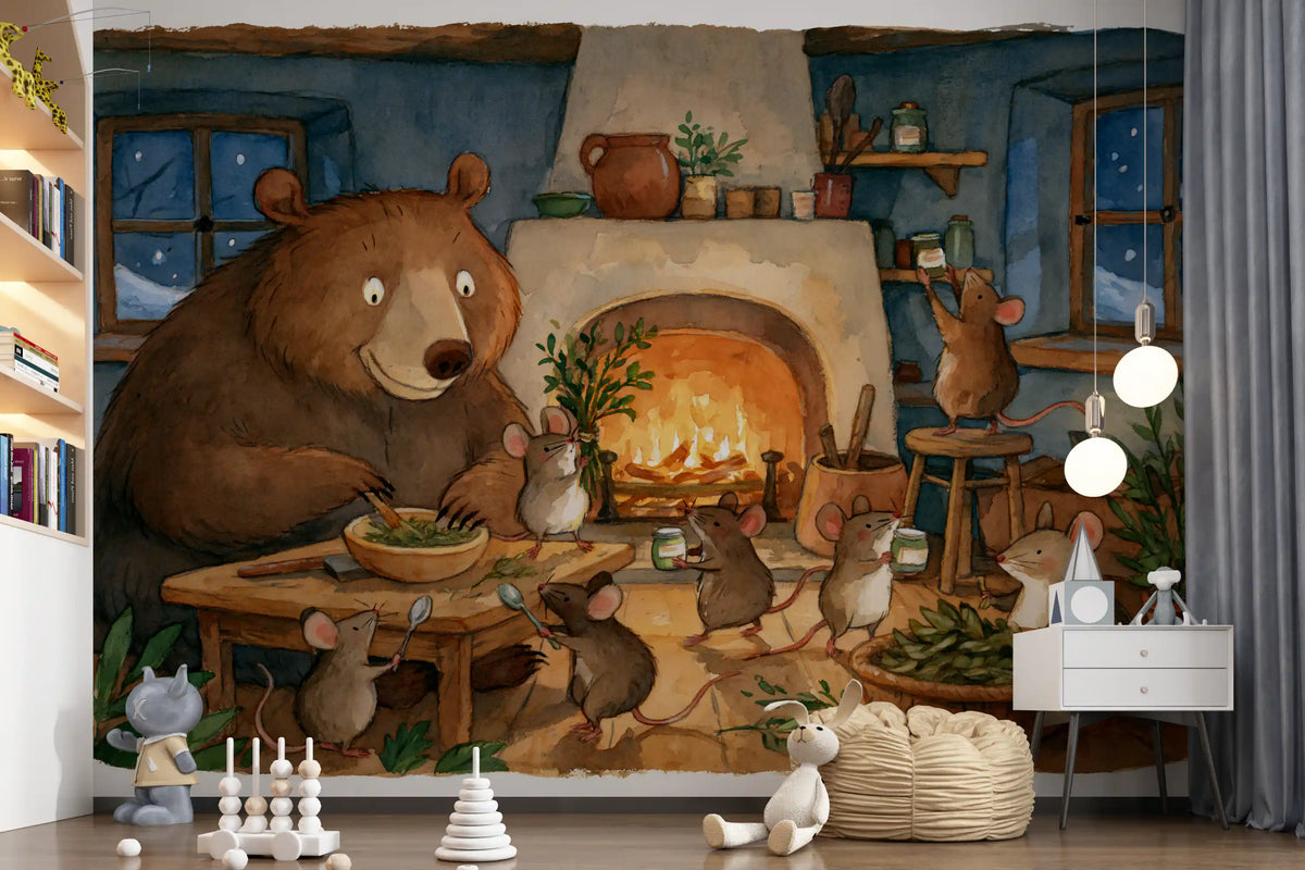 Woodland Friends Bear And Mice In Cozy Cottage Kitchen Story Scene Wall Mural