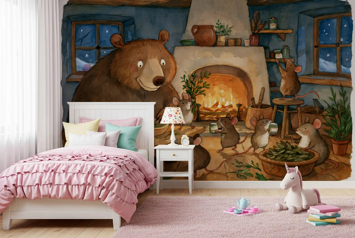 Woodland Friends Bear And Mice In Cozy Cottage Kitchen Story Scene Wall Mural