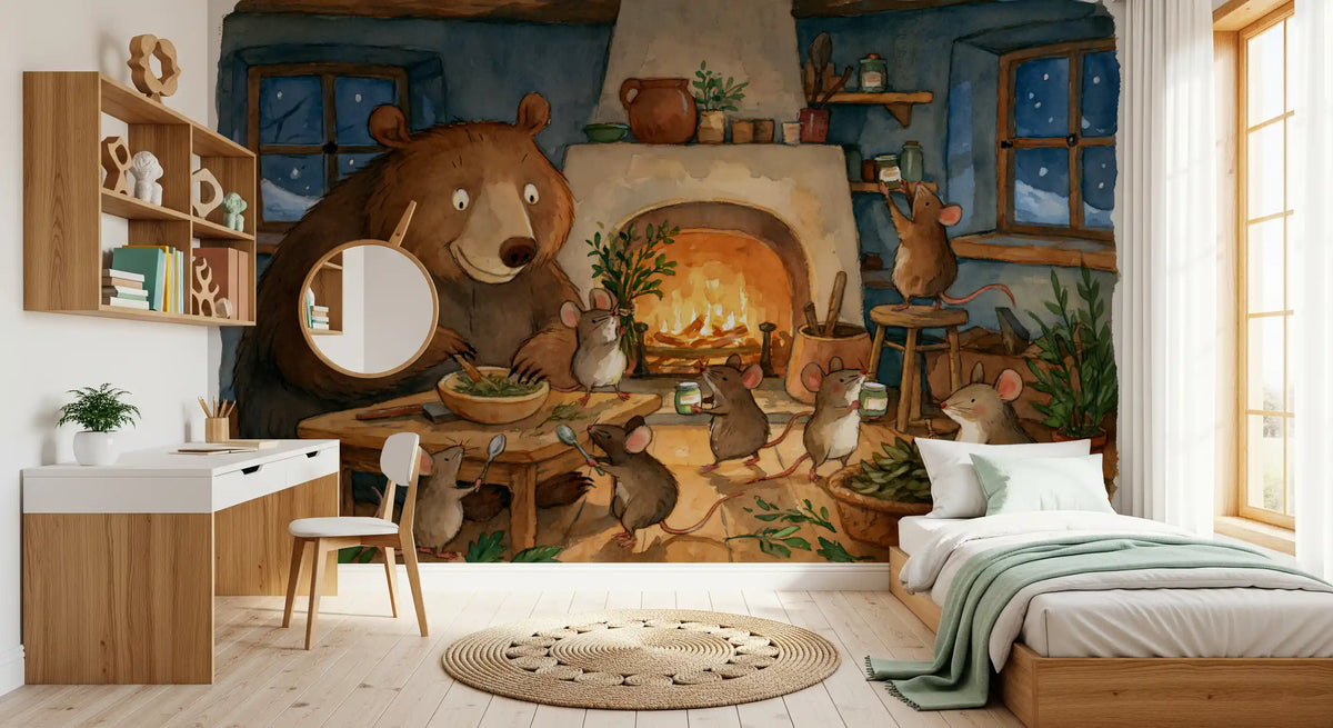 Woodland Friends Bear And Mice In Cozy Cottage Kitchen Story Scene Wall Mural