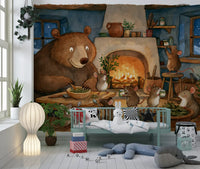 Woodland Friends Bear And Mice In Cozy Cottage Kitchen Story Scene Wall Mural