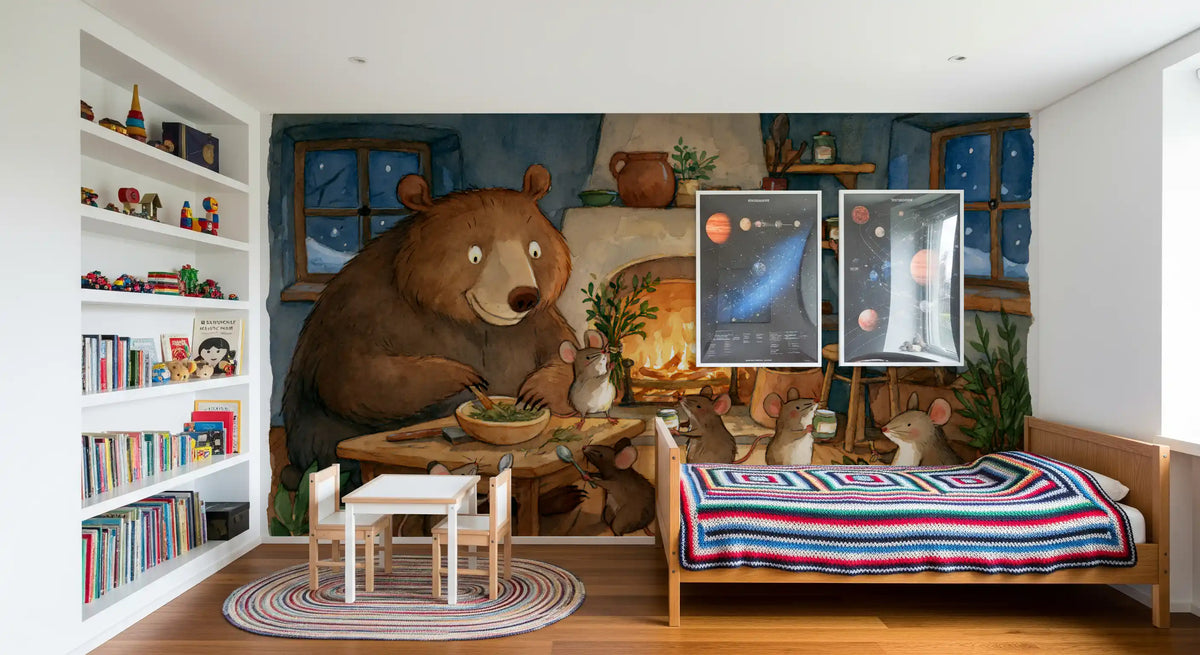 Woodland Friends Bear And Mice In Cozy Cottage Kitchen Story Scene Wall Mural