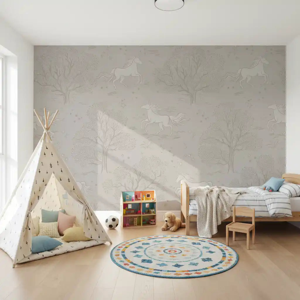 Magical Unicorn Dreamland – Cloudy Grey Wall Mural Wall Mural