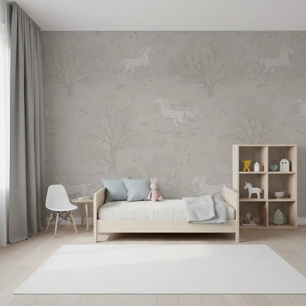 Magical Unicorn Dreamland – Cloudy Grey Wall Mural Wall Mural