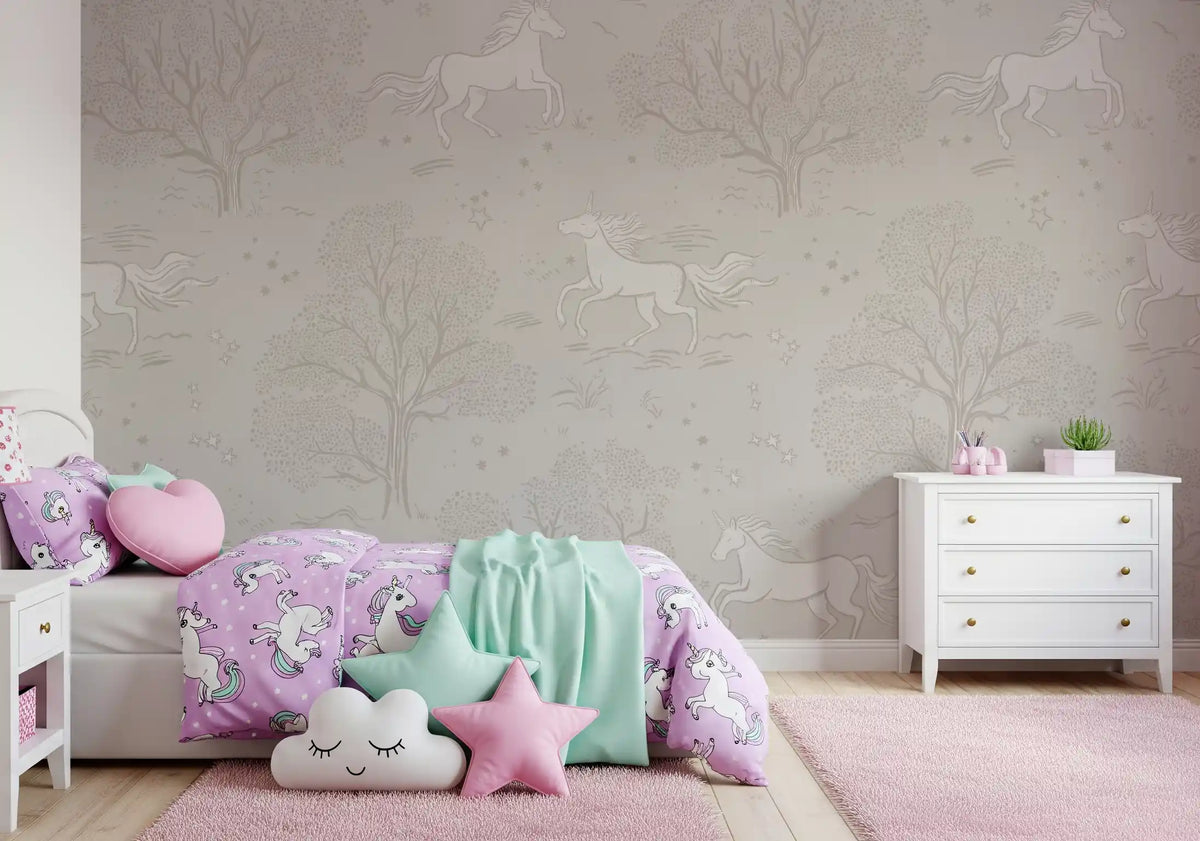 Magical Unicorn Dreamland – Cloudy Grey Wall Mural Wall Mural