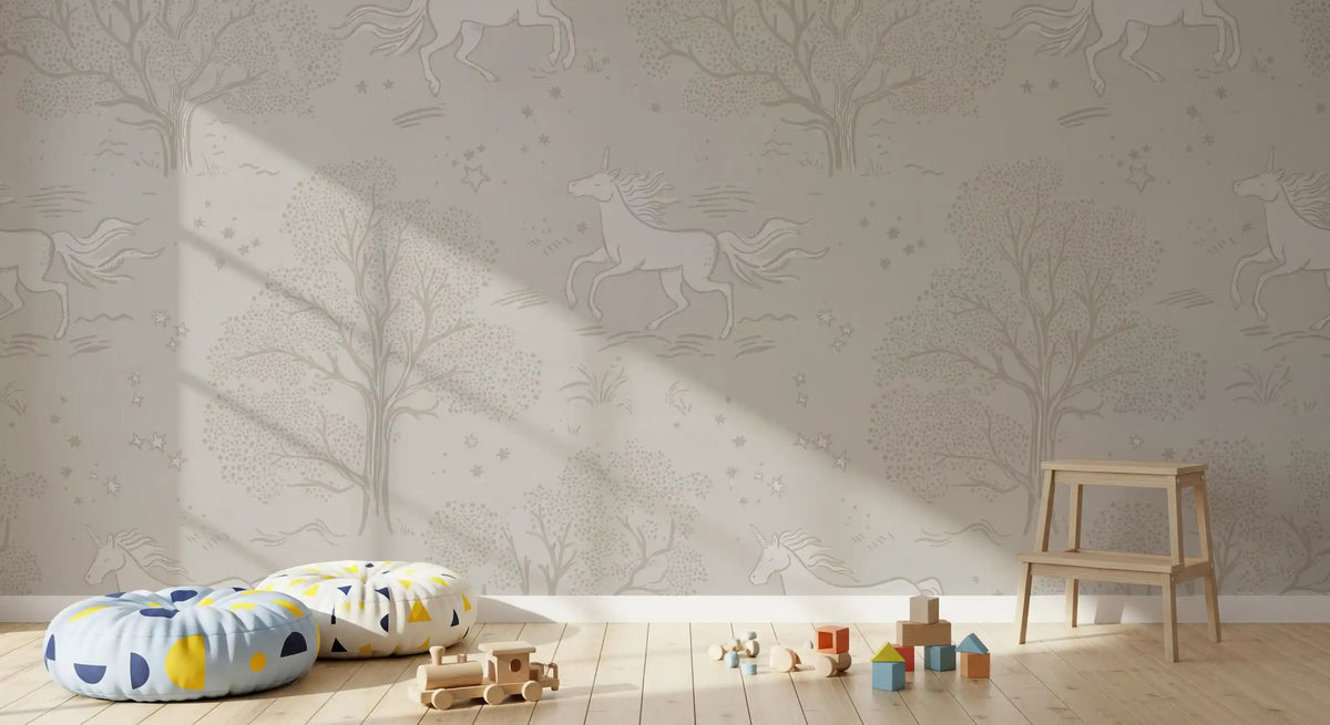 Magical Unicorn Dreamland – Cloudy Grey Wall Mural Wall Mural