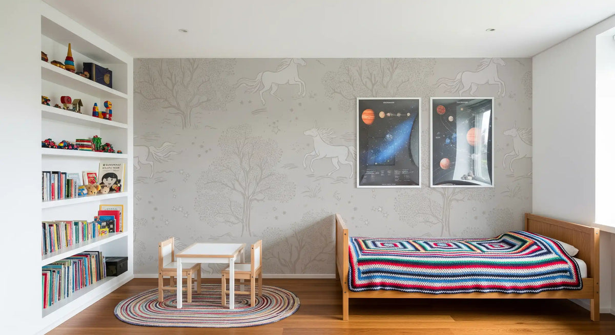 Magical Unicorn Dreamland – Cloudy Grey Wall Mural Wall Mural
