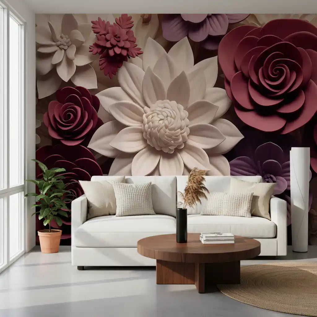 3D Velvet Bloom Dimensions in Burgundy and Lilac Wall Mural