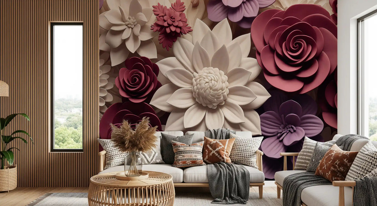 3D Velvet Bloom Dimensions in Burgundy and Lilac Wall Mural